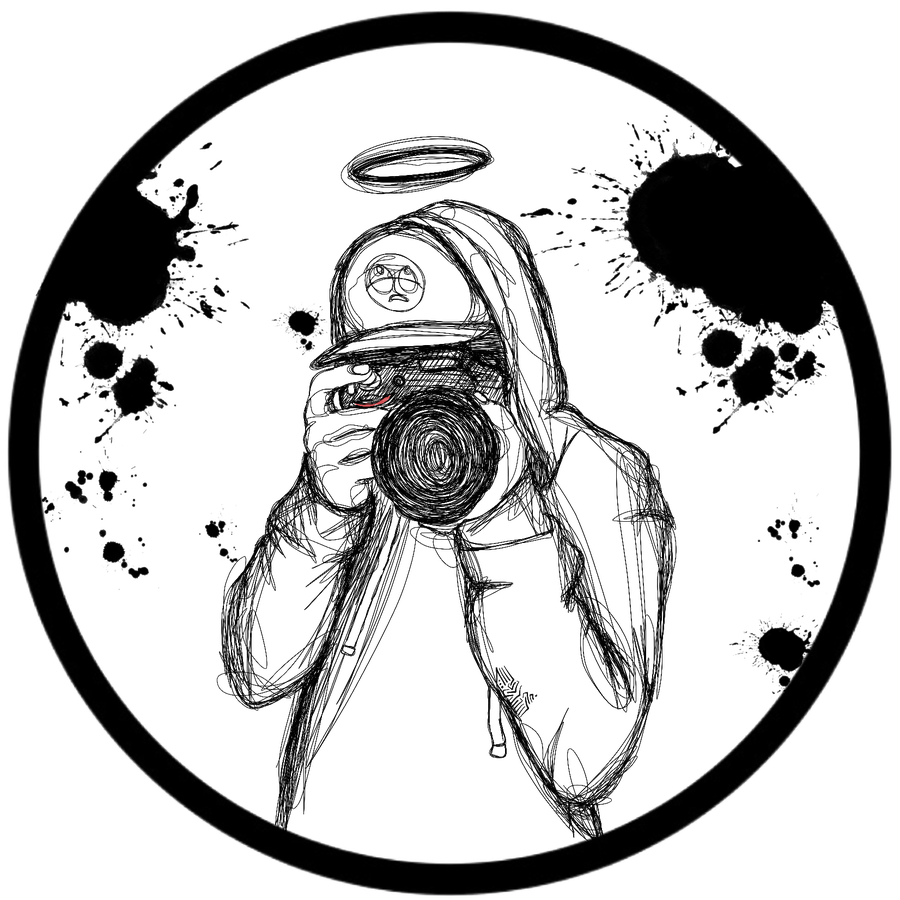 ansel.raw hand-drawn logo mark — a hooded figure holding a camera up to shoot, with a halo above