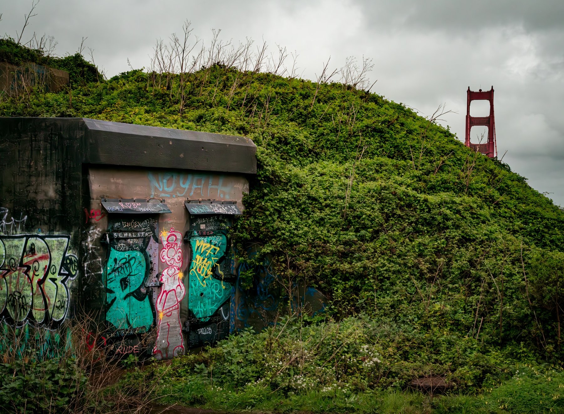 A moss-covered bunker with graffiti-covered doors, the Golden Gate Bridge tower rising behind it