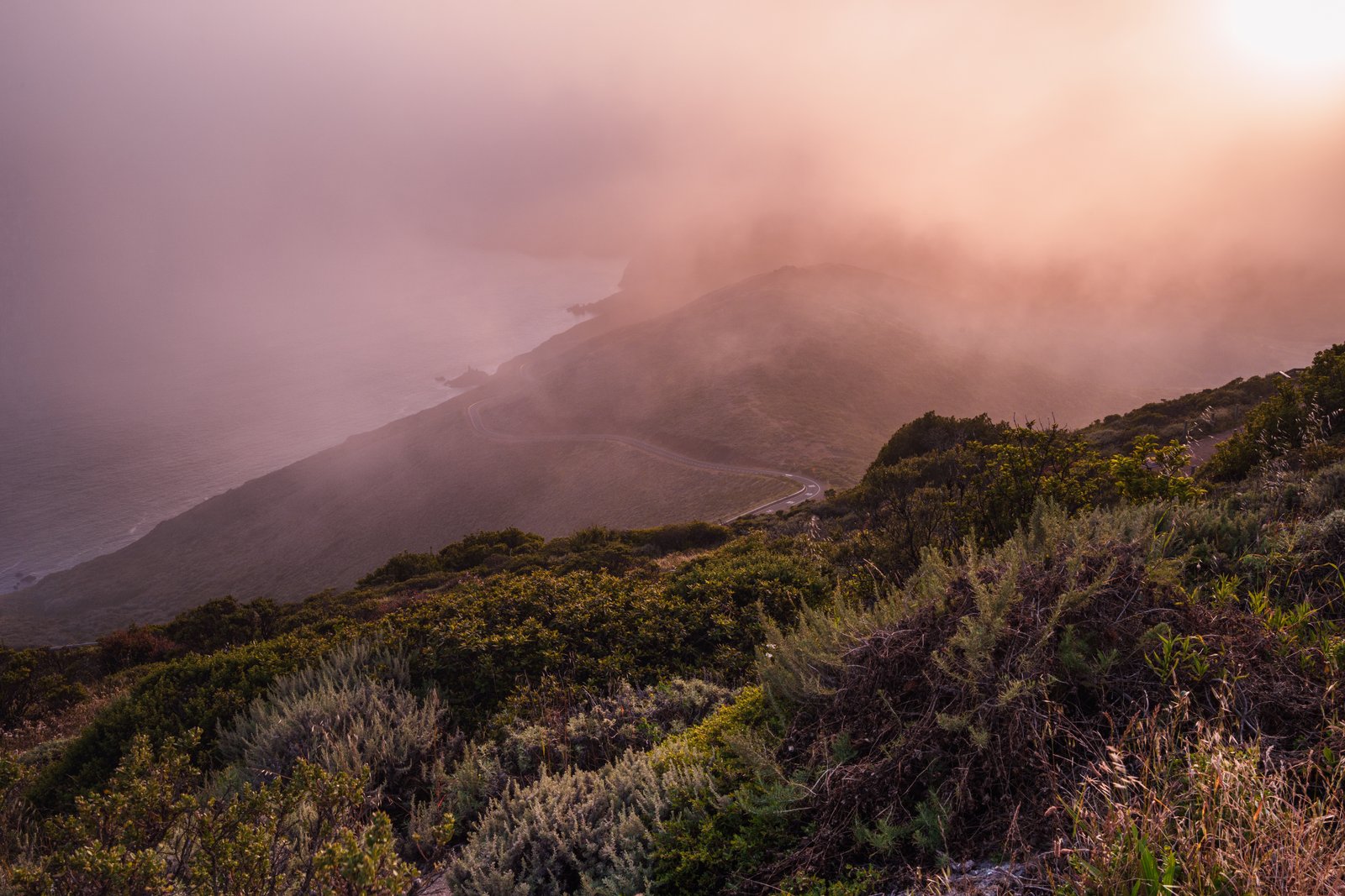 Golden hour fog rolling over the Marin coastal ridgeline